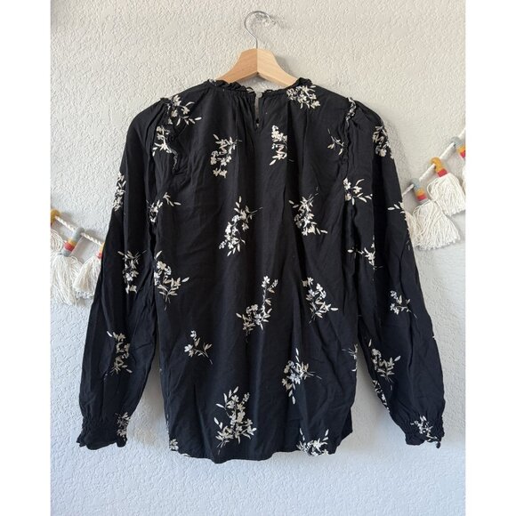 J. Crew Black Floral Smocked Long Sleeve Top Boho Feminine Relaxed Peasant XS - Picture 2 of 9